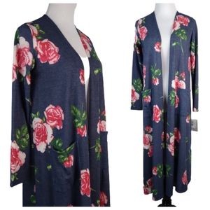 Lularoe Sarah NWT Duster Cardigan Roses Floral Navy Small